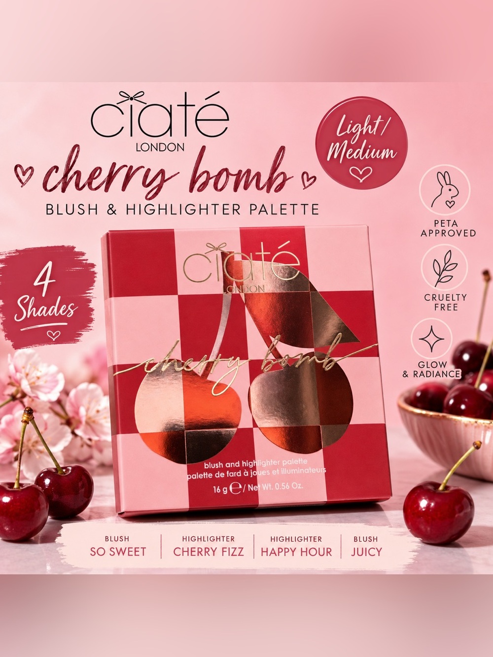 Ciaté London Cherry Bomb Blush & Highlighter Palette Light/Medium NIB